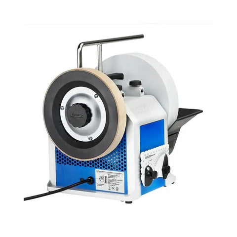 Heavy Duty Water Cooled Knife Sharpener Kit With Rock Solid Universal Support Bar And Precision Guide Jig Plus Roomy Accessory Case Bundle, blue and white grinding machine from side angle.