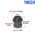 One Point Zero Module Tapered Bevel Gear Set 20 To 40 Teeth 10mm Bore 90 Degree Pinion Gear 1 To 2 Ratio 45 Steel With High Frequency Blackened Finish For Top Notch Heavy Duty DIY Gear Drives showing 1M20T dimensions