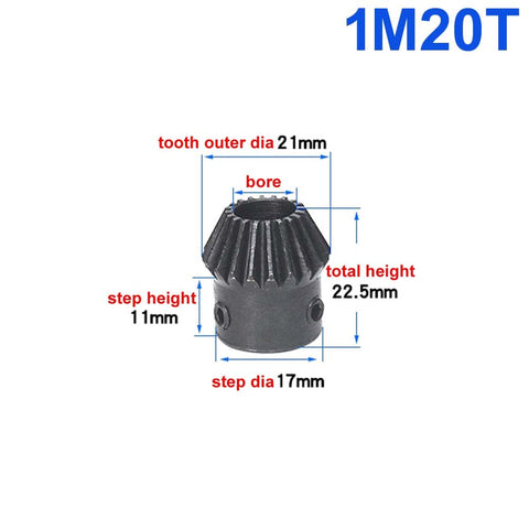 One Point Zero Module Tapered Bevel Gear Set 20 To 40 Teeth 10mm Bore 90 Degree Pinion Gear 1 To 2 Ratio 45 Steel With High Frequency Blackened Finish For Top Notch Heavy Duty DIY Gear Drives showing 1M20T dimensions