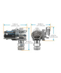 Heavy Duty 8 GPM Electric Fuel Transfer Pump With Spin Collar And Manual Shut Off Nozzle For Gasoline And Diesel 12 Volt side and front views with measurements.