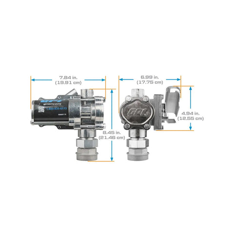 Heavy Duty 8 GPM Electric Fuel Transfer Pump With Spin Collar And Manual Shut Off Nozzle For Gasoline And Diesel 12 Volt side and front views with measurements.