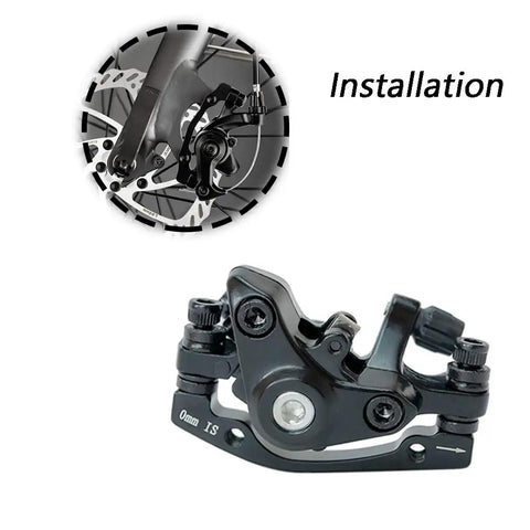 One Pair Universal Front And Rear Mechanical Disc Brake Calipers For Mountain Bikes, Road Bikes, And Folding Bikes shown during installation on a wheel.
