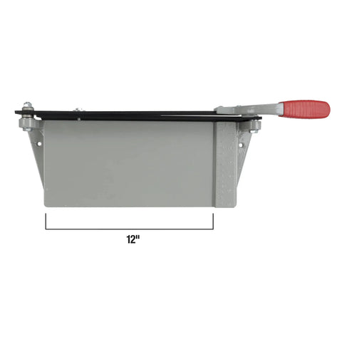 Side view of Quik Cut Vct Vinyl Tile Cutter 12 Inch For Precise 12x12 Tile Cuts With Hardened Steel Blades, showing measurement and metal build.