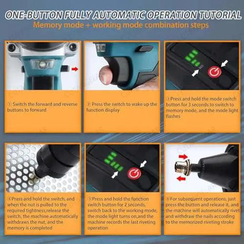 One-Button Fully Automatic Operation Tutorial for 26V Cordless Brushless Rivet Nut Gun with LED Light and Memory Mode.
