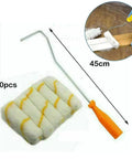 Heavy Lifting 10 Piece Short Pile Microfiber Paint Roller Kit With Slick Anti Slip Handle Frame showing 10 roller covers and metal handle.
