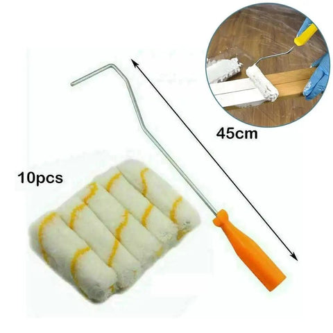 Heavy Lifting 10 Piece Short Pile Microfiber Paint Roller Kit With Slick Anti Slip Handle Frame showing 10 roller covers and metal handle.