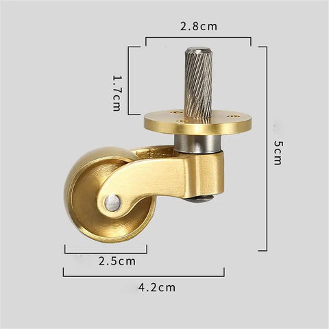 Close-up image of Heavy Duty Brass Roller Casters Set Of 4 With Seamless 360 Degree Swivel Rolling Base showing dimensions and design features.