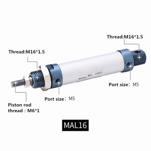 Aluminum MAL16 pneumatic cylinder, 25 mm bore, 500 mm stroke, double-acting, single rod, M16×1.5 threaded ends.