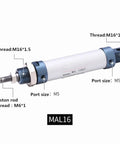 Pneumatic cylinder, aluminum alloy MAL16x150 with blue end caps and M5 port threads