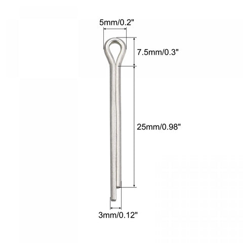 Split Cotter Pin Set 60 Pcs, Stainless Steel Clip Fasteners 3mm by 25mm, Silver Tone for Automotive and Mechanical Projects, Corrosion Resistant, Durable Vibration Resistant Pin Clips For Cars And DIY Pros. single pin with size labels