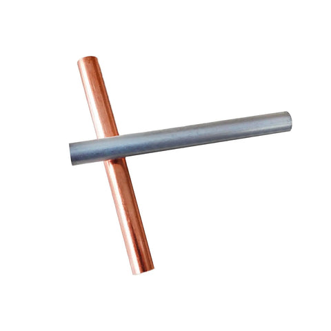 Two Pieces 99.995 Percent Pure Copper And Zinc Rods, 3 Eighths Inch Diameter by 4 Inches Long, crossed on white