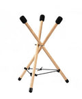 Hardcore Wooden Percussion Stand Foldable Tripod Drum Rack With Plush Foam Padding For Steel Drums Gig Ready Portable Practice Platform Medium Venue Spec, showing sturdy wooden tripod with cushioned grips.