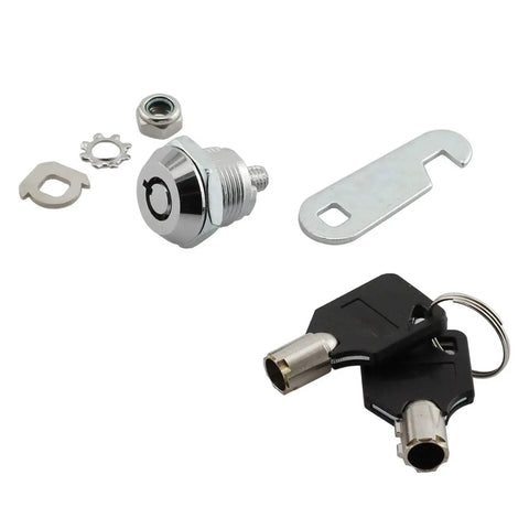 Hefty 20mm Thread Tubular Cam Lock Keyed Alike With Two Quincunx Keys Slick Zinc Alloy Hardware For Drawers Cabinets And Desk Tight Fit Silver Tone Finish components displayed on white background.