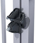 Top Shelf Locking Gate Latch Black Featuring Dual Side Privacy Shield And Rekeyable Cylinder, mounted on a metal post.