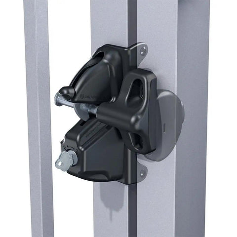 Top Shelf Locking Gate Latch Black Featuring Dual Side Privacy Shield And Rekeyable Cylinder, mounted on a metal post.