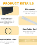 Product details of Six Point Five Liter Bee Feeder Pack showing 6.5L capacity, internal groove, black rubber band, wood panels.