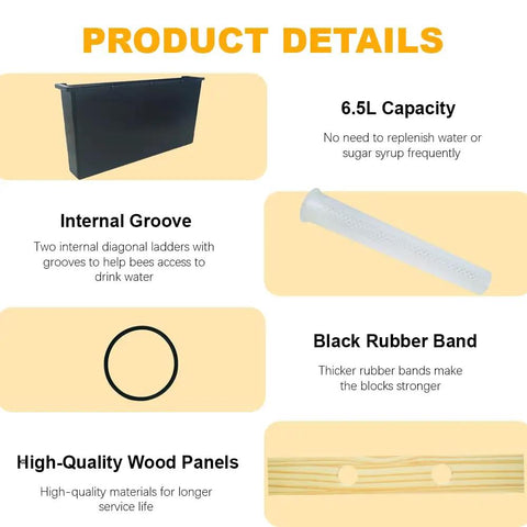 Product details of Six Point Five Liter Bee Feeder Pack showing 6.5L capacity, internal groove, black rubber band, wood panels.