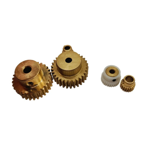 Bevel Gear Set 69 Tooth Brass Gear 0.5 Mod With Step Teeth 6.35mm Bore shown with multiple gears