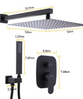 Rain Shower System With 12-Inch Square Head And High Flow Handheld, Matte Black Wall Mount Luxury Mixer, Air Mixing Technology