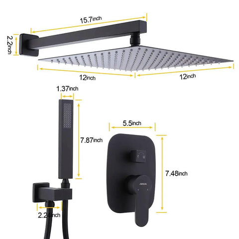 Rain Shower System With 12-Inch Square Head And High Flow Handheld, Matte Black Wall Mount Luxury Mixer, Air Mixing Technology