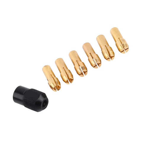 Premium High Performance Collet Chuck Sleeves Set With Multi Size Options Ranging From 1mm To 3.2mm And Easy Fit Black Cap displaying six brass sleeves and one black cap.