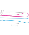 Six Piece Sewing Kit With Stainless Steel Tools For DIY Knitting And Projects Includes Rope Threader Closed Rope Threader Turn Hooks Elastic Clamp And Must Have Tools Easy To Use And Highly Practical. six-piece sewing kit with stainless steel tools on white background