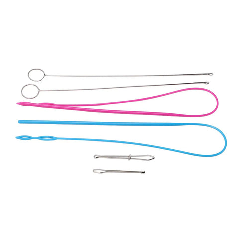 Six Piece Sewing Kit With Stainless Steel Tools For DIY Knitting And Projects Includes Rope Threader Closed Rope Threader Turn Hooks Elastic Clamp And Must Have Tools Easy To Use And Highly Practical. six-piece sewing kit with stainless steel tools on white background