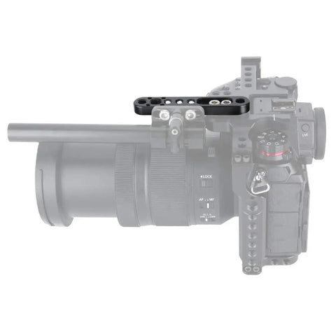 Top Shelf Camera Mounting Plate Cheese Bar Extension featuring 1/4 and 3/8 inch threads on a camera rig with Arri style holes.