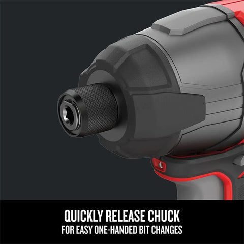 Close-up of 20V Max Impact Driver Kit with One Quarter Inch Chuck featuring quick one-handed bit changes, LED work light visible.