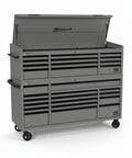 72 Inch Grey Steel Rolling Tool Chest Combo With Hutch Loaded With Heavy Duty Mobile Workshop Drawers Fitted With Smooth Locking Casters with open lid