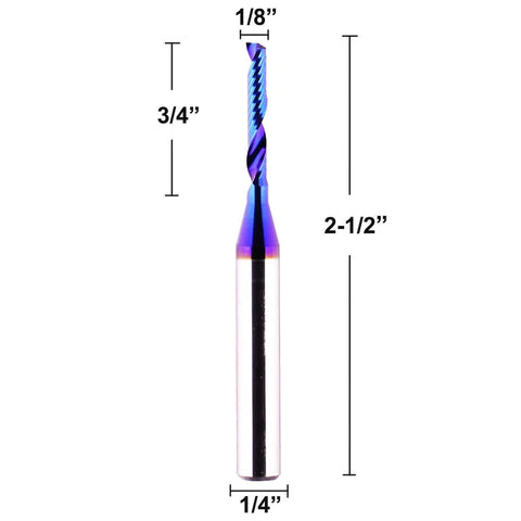Jiiolioa O single-flute CNC router bit, 1/4 in shank, 1/8 in diameter, spiral end mill for aluminum, acrylic, PVC, MDF.