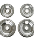 Electric Range Drip Pan Set 4 Pack OEM Quality Stovetop Spill Trays That Fit Most Electric Ranges. Two 6-inch, two 8-inch, chrome.