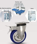 Six Inch Blue Rubber Castor Wheels With Silent 360 Degree Swivel Rotation And Heat Resistant Build For Smooth Cart Shelf Use Sweet Rolling Set Of Four, shown attached to various carts and machines.
