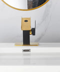 Super Dope Black And Gold Brass Single Handle Rgb Led Waterfall Bathroom Faucet with color lights on a modern vanity sink