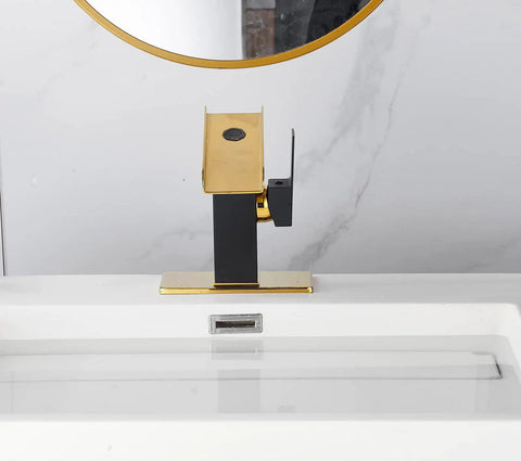 Super Dope Black And Gold Brass Single Handle Rgb Led Waterfall Bathroom Faucet with color lights on a modern vanity sink