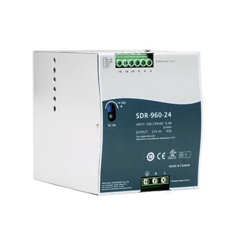 No Nonsense Heavy Duty Industrial Workhorse 960W Switching Power Supply 24Vdc compact silver unit for factory automation.