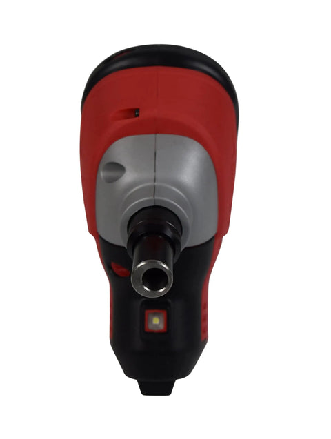 Front view of 12V Cordless Palm Nailer Bare Tool With 2.2 Ft-Lbs Impact Power, 2700 BPM, red and black casing, LED light visible