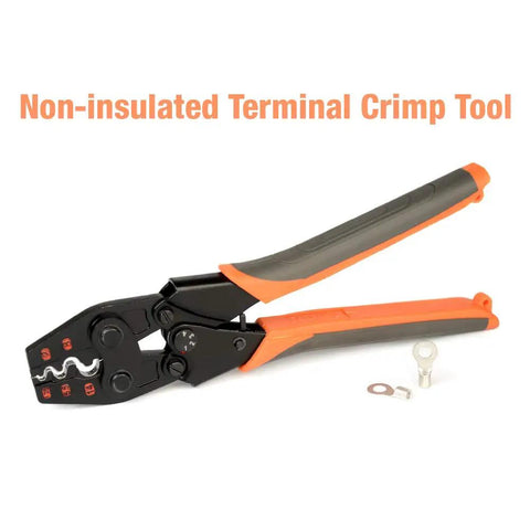 Non Insulated Terminal Crimper Tool For AWG 22 To 6 Battery Cables Ratchet Wire Crimper shown with copper connectors on white background