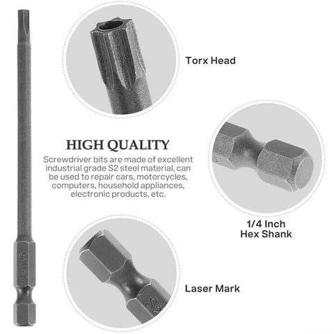 Premium 11 Piece Steel Torx Screwdriver Bit Set With Strong Magnetic Tips For T6 T7 Through T40 Sizes Perfect Heavy Duty Hand Tool Kit For Home Repairs And Auto Fixes Featuring High Hardness Long Lasting Performance, 75mm steel Torx bit, 1/4 inch hex shank