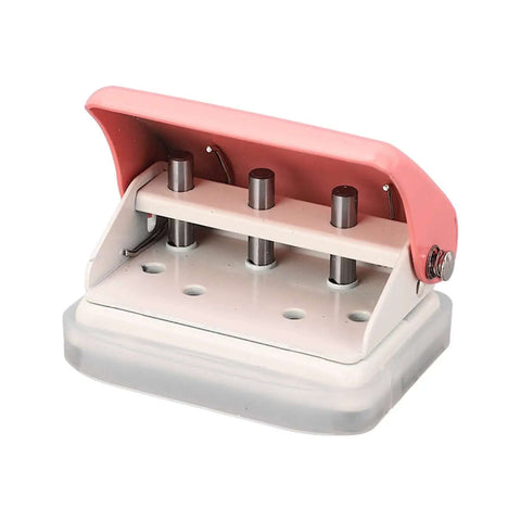 Ultimate Handheld 3-Hole Paper Puncher with 5-Sheet Capacity, durable metal build, pink top, side view