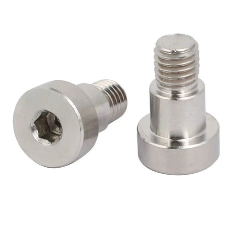 Straight Up Tough 304 Stainless Steel Hex Socket Shoulder Bolts With M10 Threads And A 12mm Shoulder Diameter Plus 10mm Length Five Piece Set For Serious Garage And Shop Projects, close-up view.