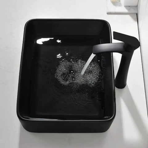Matte Black Vessel Sink With Faucet And Drain Included, 19 By 15 Inch Rectangular Above Counter Ceramic Vanity Basin top view