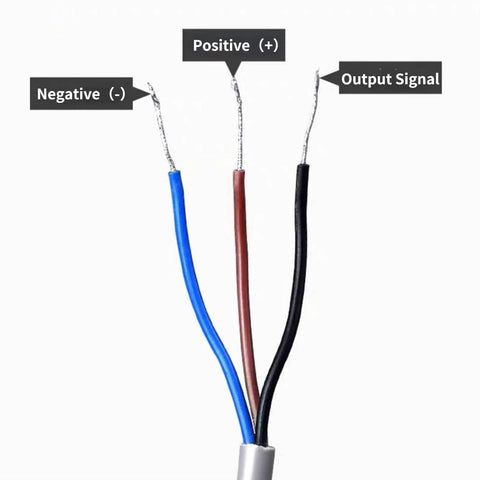 Close-up of Hall Effect Proximity Sensor Switch NPN 3 Wire Normally Open With Magnet For Industrial Automation And Non Contact Object Detection Wide Voltage Range Fast Response Durable Proximity Sensor wires labeled positive, negative, and output signal.