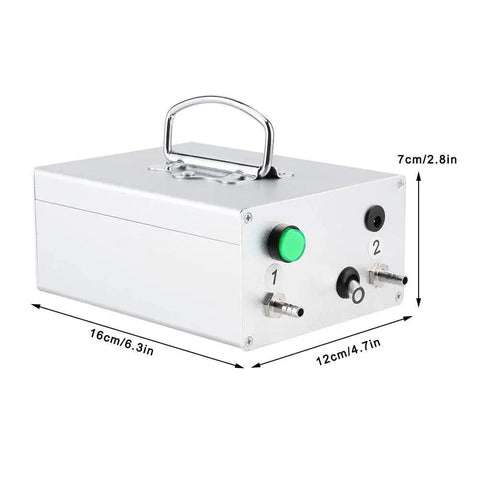 12V Milking Vacuum Pump For Livestock, aluminum shell, 48W DC power, showing dimensions and controls for dairy farm use.