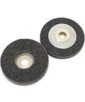 Two gray polishing wheels from Five Piece 4 Inch Gray Nylon Fiber Polishing Wheels Set With 16mm Bore For Metal Finishing And Surface Prep.