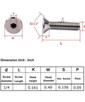Diagram of Stainless Steel 1/4-20 Flat Head Socket Cap Screws, 1-Inch Length, Full Thread, 304 18-8 Alloy with measurements