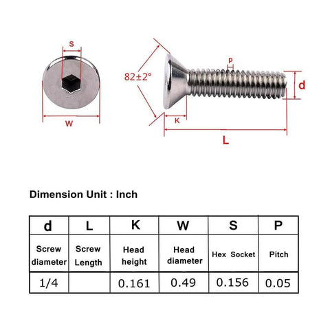 Diagram of Stainless Steel 1/4-20 Flat Head Socket Cap Screws, 1-Inch Length, Full Thread, 304 18-8 Alloy with measurements