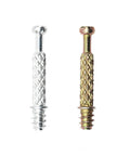 Heavy Duty Three In One Screw Connector Bolt For Furniture Assembly Rock Solid Cabinet Hardware Badass Cam Lock Nuts Built Tough Quick Setup Woodworking Panel Joinder Kit M6X40MM Carbon Steel, two bolts in silver and gold.
