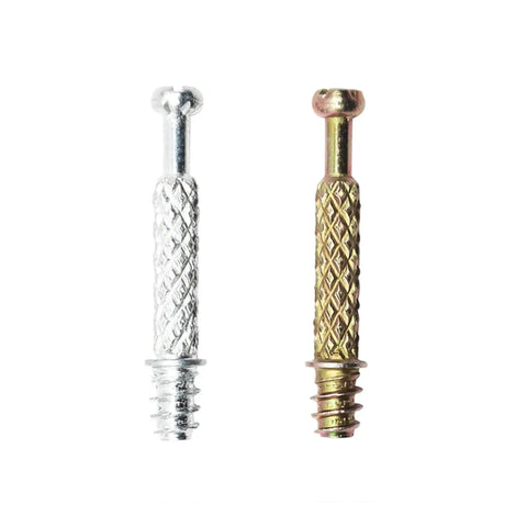Heavy Duty Three In One Screw Connector Bolt For Furniture Assembly Rock Solid Cabinet Hardware Badass Cam Lock Nuts Built Tough Quick Setup Woodworking Panel Joinder Kit M6X40MM Carbon Steel, two bolts in silver and gold.
