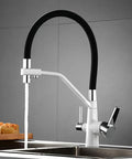GAZOGJ 360°Rotatable 3-Way Kitchen Faucet with Extendable Shower Head, sleek white and black design, viewed from the side.